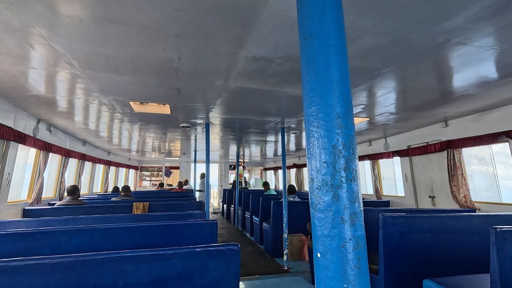 rows of seats on the public ferry from Mahibadhoo to Male