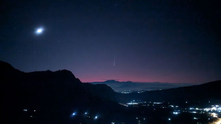Comet C/2023 A3 (Tsuchinshan-ATLAS) during a purple pink sunrise in East Java, Indonesia
